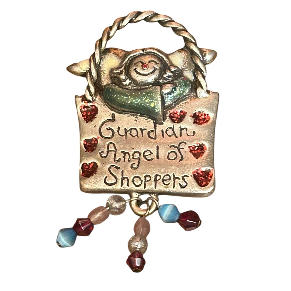 AJMC Vintage Brooch Pin Guardian Angel of Shoppers Bag with Hearts and Beads